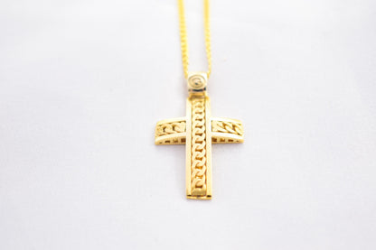 Ανδρικοί Σταυροί 14K Gold Solid Cross Pendant with Cuban Chain Design | Reversible Design | Handmade Christian Jewellery,Men’s & Women’s Option ,Baptism Gift