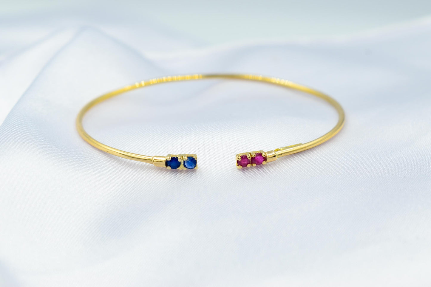 14K Gold Birthstone Cuff Bangle Bracelet,Natural Ruby and Sapphire Bracelet,Exclusive Minimalist Bracelet,Wedding & Engagement Gift for Her