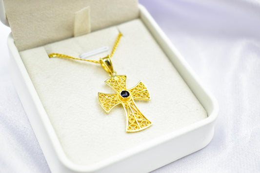 γυναικα Byzantine 14K Gold Cross with Natural Sapphire | Handmade Filigree Orthodox Pendant | Baptism Gift | Unisex Necklace with Optional 14K Chain