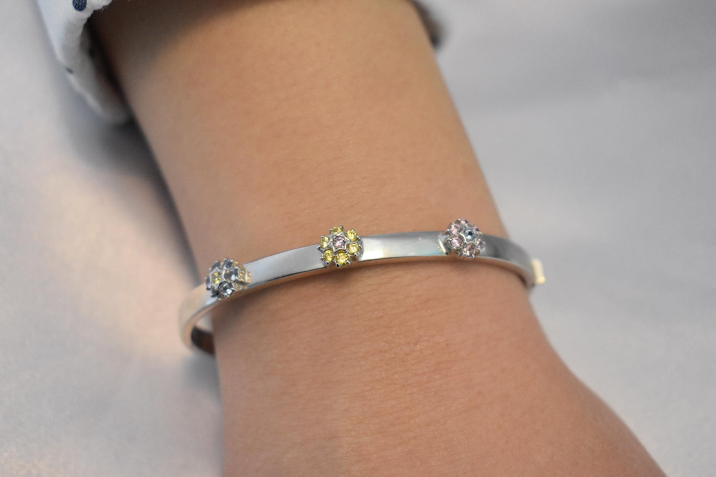 14K White Solid Gold Bracelet with Flower Zircons,Birthstone Bangle for Women,Wedding & Engagement Bracelet,Gold Flower Bracelet for Her