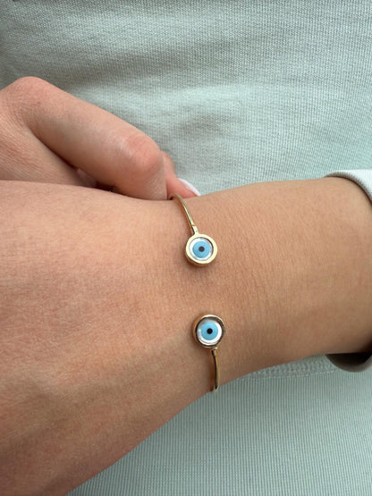 14K Gold Evil Eye Bracelet,Bangle Mother of Pearl Evil Eye,Lucky Bracelet,Eye Bangle,Protective Gift for Everyday Use,Perfect Gift for Her