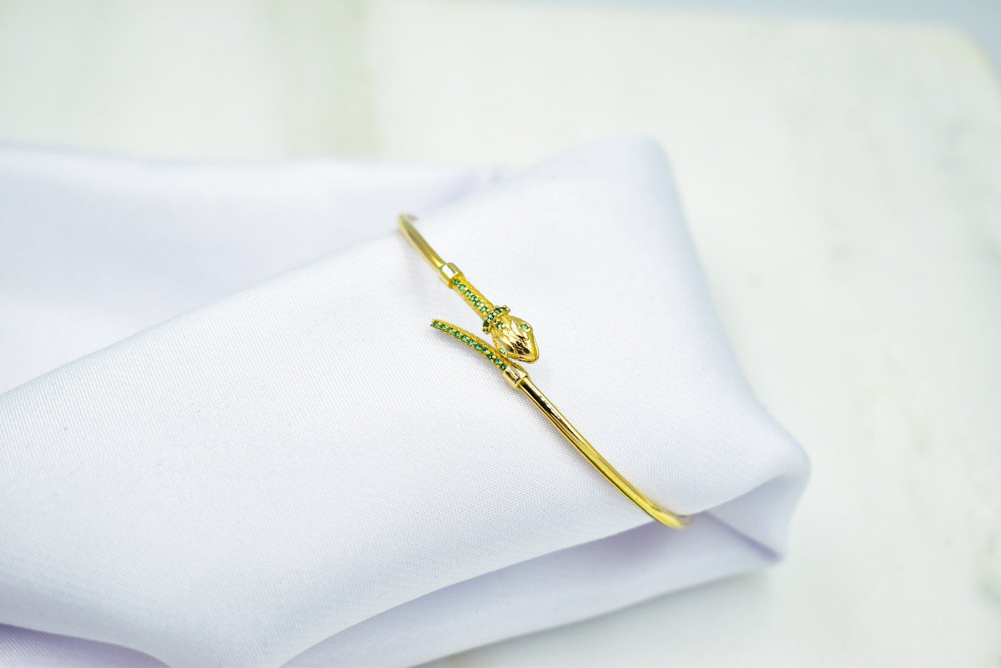 14K Gold Snake Bracelet with Green Zircons-Serpent-Inspired Luxury Jewelry-Unique Gift for Mom & Her-Handcrafted Serpent Bracelet