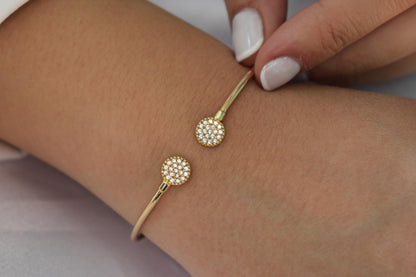 14K Solid Gold Open Bangle Bracelet Zircon or Diamond,Custom Fit Cuff Bracelet,Elegant Handmade Gold Jewellery,Gift for Her,Gift for Mom