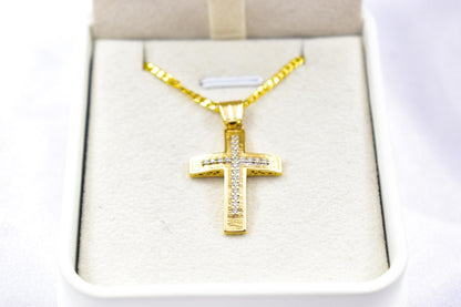 γυναικα 14K Gold Cross Pendant with Zircon Stones | Handcrafted Christian Jewellery | Dual-Sided Design | Includes 14K Gold Chain,Baptism Gift
