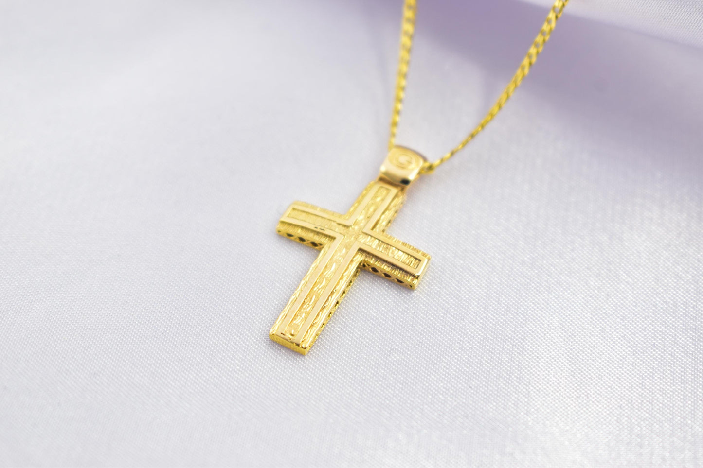 Ανδρικοί Σταυροί Handcrafted 14K Gold Cross Pendant Textured Design,Elegant Hollow Back Crucifix,Orthodox Christian Jewellery,Baptism Gift,Men & Women Chain