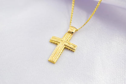 Ανδρικοί Σταυροί Handcrafted 14K Gold Cross Pendant Textured Design,Elegant Hollow Back Crucifix,Orthodox Christian Jewellery,Baptism Gift,Men & Women Chain