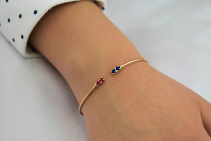 14K Gold Birthstone Cuff Bangle Bracelet,Natural Ruby and Sapphire Bracelet,Exclusive Minimalist Bracelet,Wedding & Engagement Gift for Her