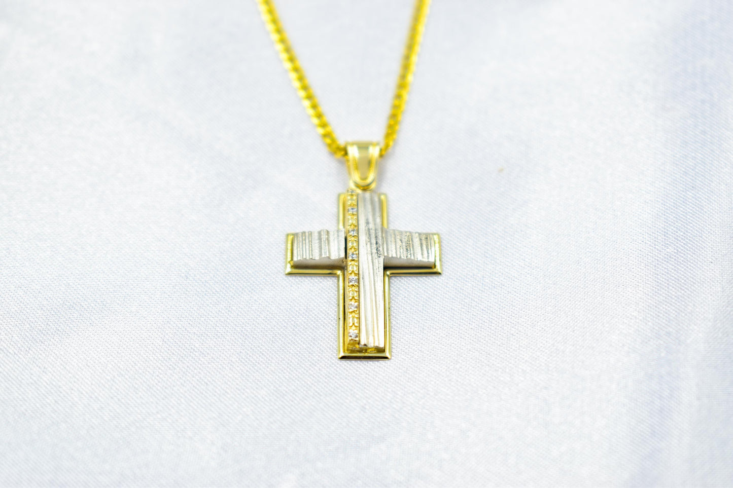 γυναικα 14K Gold Cross Pendant with White and Yellow Gold Finish,Elegant Textured Design ,Handmade Religious,Women’s Men’s Cross,Baptism Gift