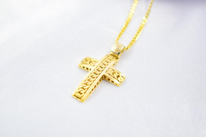 Ανδρικοί Σταυροί 14K Gold Solid Cross Pendant with Cuban Chain Design | Reversible Design | Handmade Christian Jewellery,Men’s & Women’s Option ,Baptism Gift