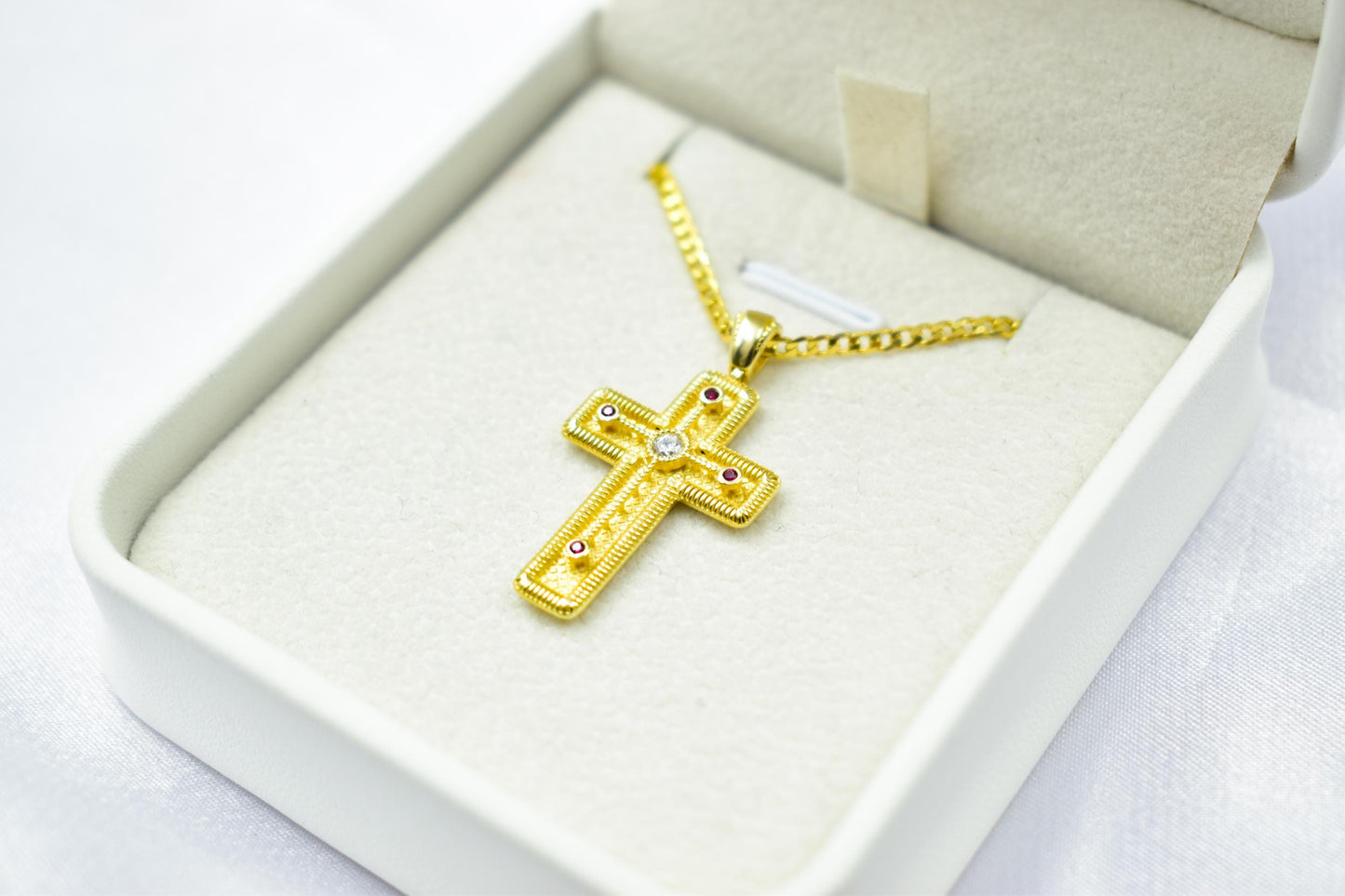 γυναικα 14K Gold Orthodox Cross Pendant with Red & White Zircons | Double-Sided Design,Handmade Religious Jewellery | Baptism Gift Ready, 14K Chain