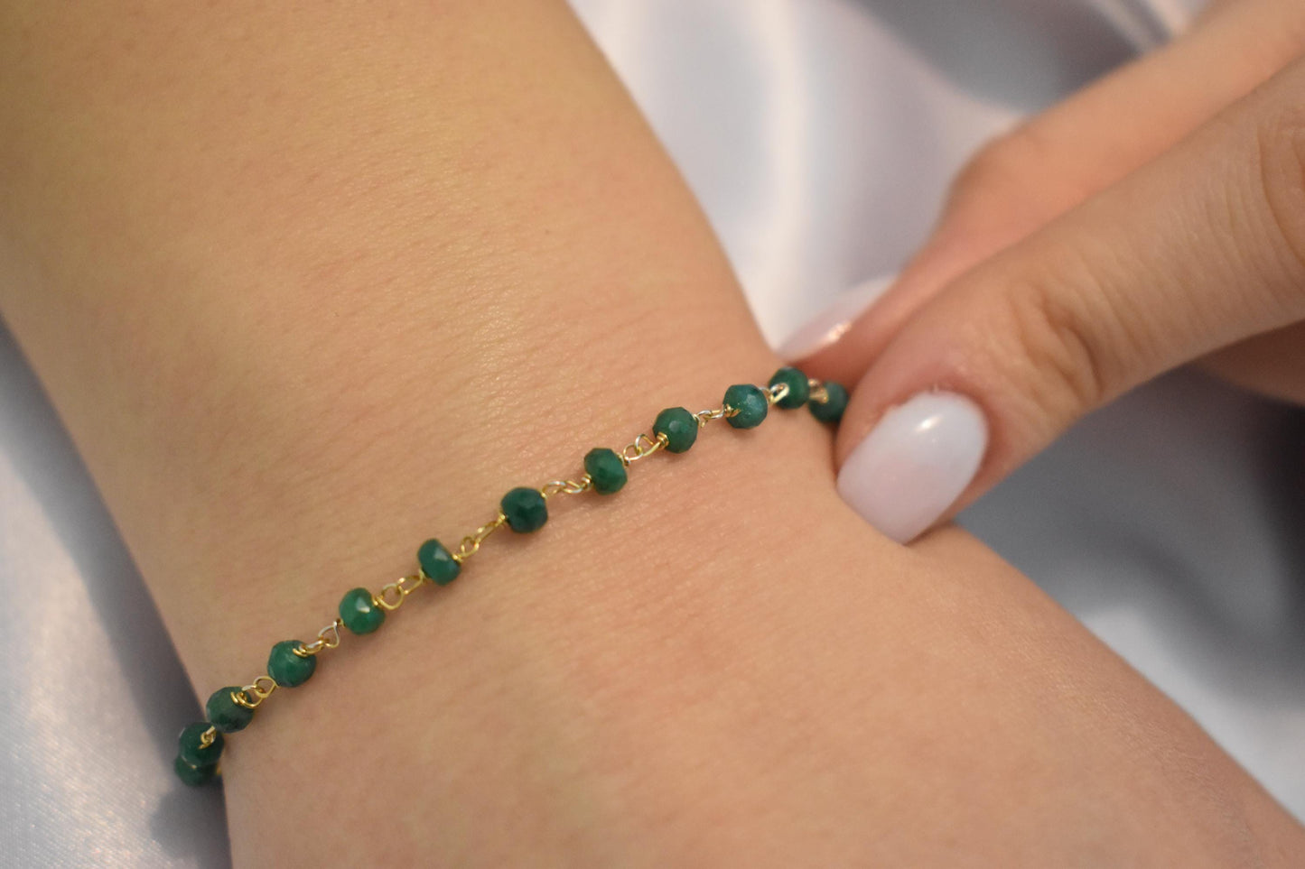 14K Gold Emerald Rosary Bracelet,Emerald Bracelet,Natural Emerald Chain Gold Bracelet,Real Emerald Bracelet,Gold Thin Chain Bracelet for Her