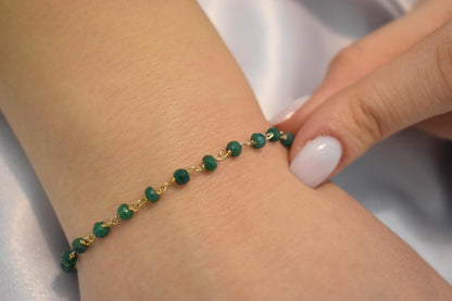 14K Gold Emerald Rosary Bracelet,Emerald Bracelet,Natural Emerald Chain Gold Bracelet,Real Emerald Bracelet,Gold Thin Chain Bracelet for Her