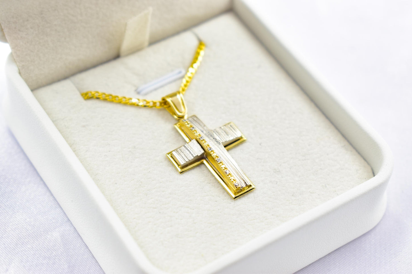 γυναικα 14K Gold Cross Pendant with White and Yellow Gold Finish,Elegant Textured Design ,Handmade Religious,Women’s Men’s Cross,Baptism Gift