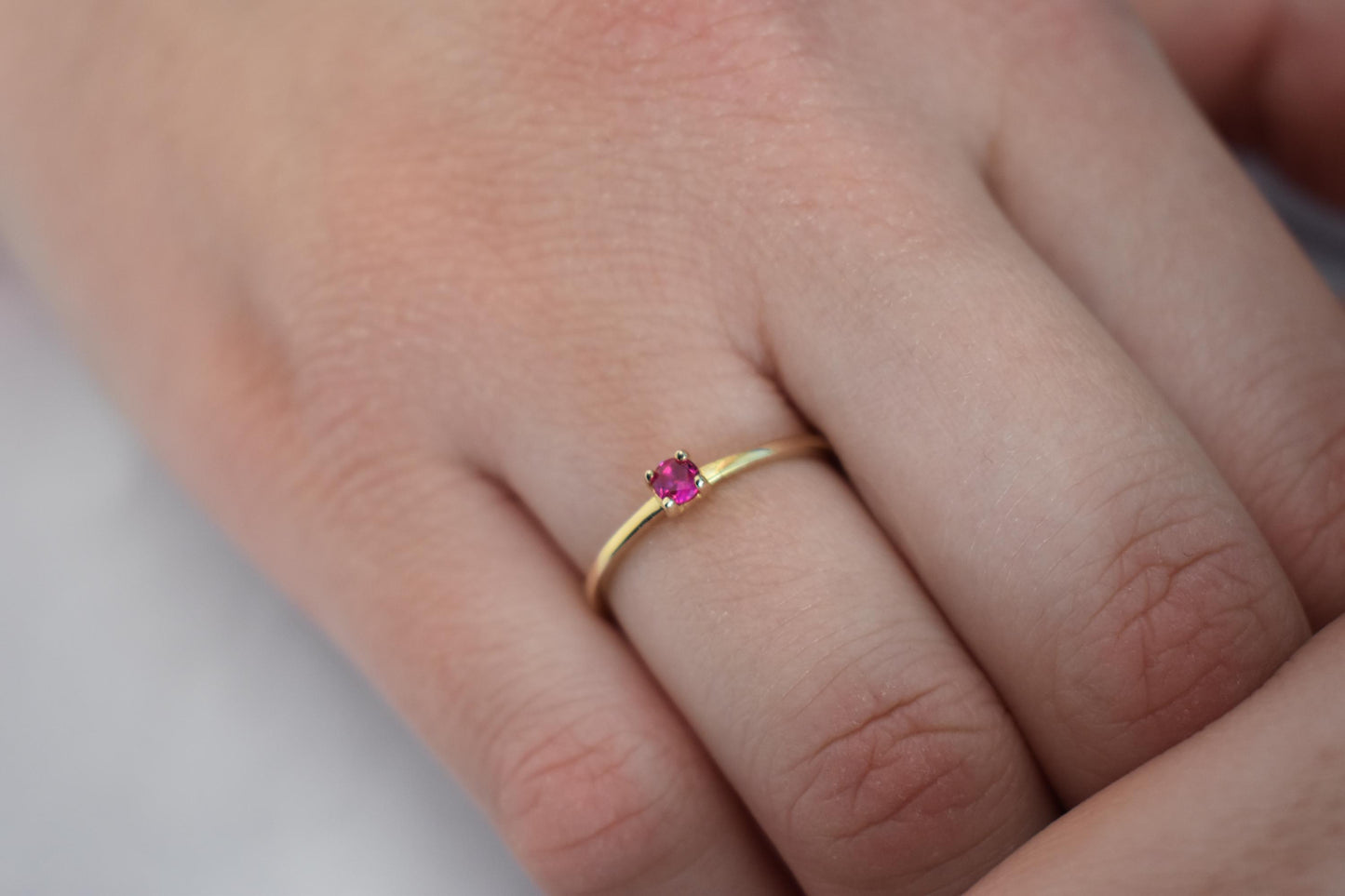 14K Solid Gold Thin Minimalist Ring–Deep Pink Zircon,Stackable Jewellery Gold Ring,14K Wedding & Engagement Stacking Ring,Gift for Her