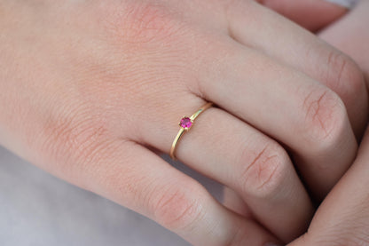 14K Solid Gold Thin Minimalist Ring–Deep Pink Zircon,Stackable Jewellery Gold Ring,14K Wedding & Engagement Stacking Ring,Gift for Her