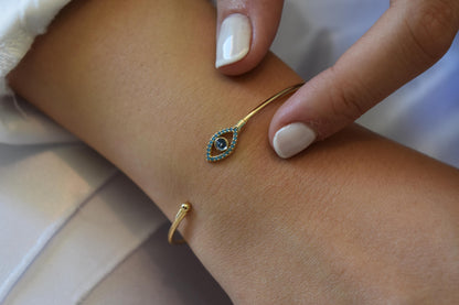 14K Gold Evil Eye Bangle Bracelet Turquoise,Gold Protective Bangle,Navy Evil Eye Gold Bangle Bracelet,Gold Bracelet for Mom & Her
