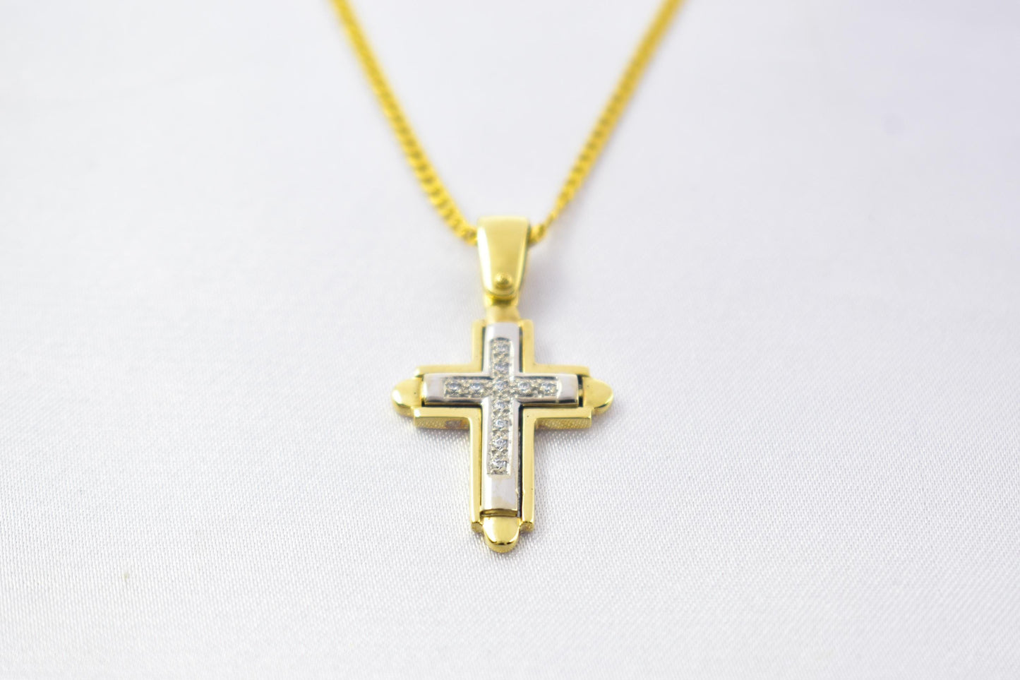 γυναικα 14K Solid Gold Cross Pendant White Zircon Stones,Two-Tone Yellow-White Gold Finish,Optional 14K Chain,Elegant Christian Gift for Men & Women