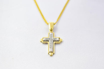 γυναικα 14K Solid Gold Cross Pendant White Zircon Stones,Two-Tone Yellow-White Gold Finish,Optional 14K Chain,Elegant Christian Gift for Men & Women