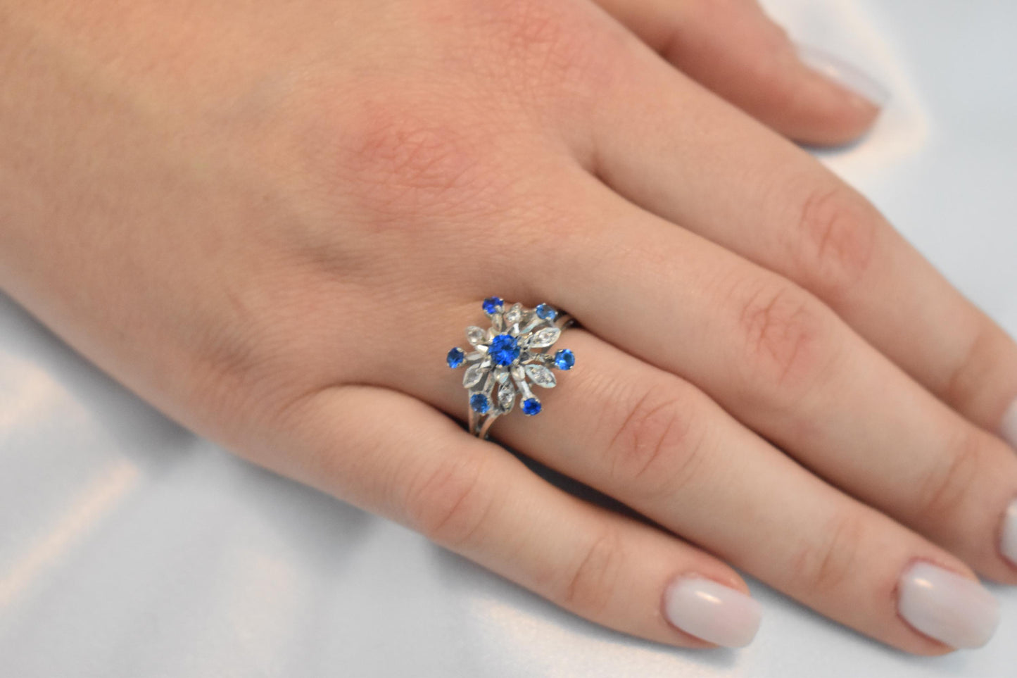 14K Solid Gold Ring Blue and White Zircon,Vintage Retro Ring,Engagement & Wedding Gold Ring,Statement Ring,Stackable Gold Ring,Gift for Her