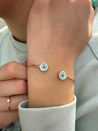 14K Gold Evil Eye Bracelet,Bangle Mother of Pearl Evil Eye,Lucky Bracelet,Eye Bangle,Protective Gift for Everyday Use,Perfect Gift for Her