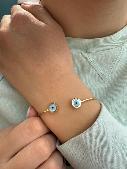 14K Gold Evil Eye Bracelet,Bangle Mother of Pearl Evil Eye,Lucky Bracelet,Eye Bangle,Protective Gift for Everyday Use,Perfect Gift for Her