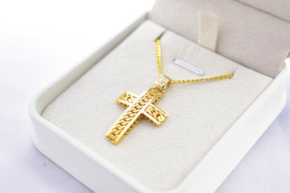 Ανδρικοί Σταυροί 14K Gold Solid Cross Pendant with Cuban Chain Design | Reversible Design | Handmade Christian Jewellery,Men’s & Women’s Option ,Baptism Gift
