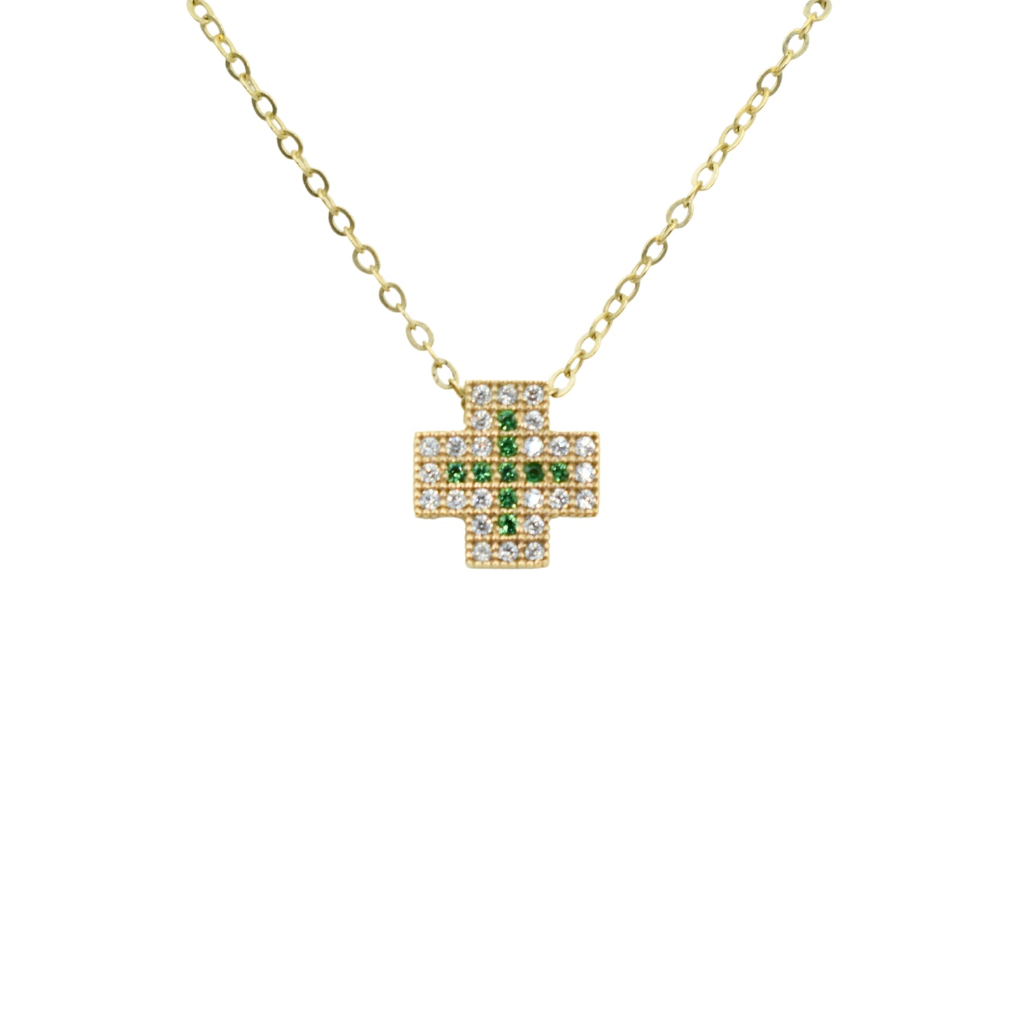 Χρυσό Κολιέ 9Κ με Σταυρό & Πράσινα – Λευκά Ζιργκόν