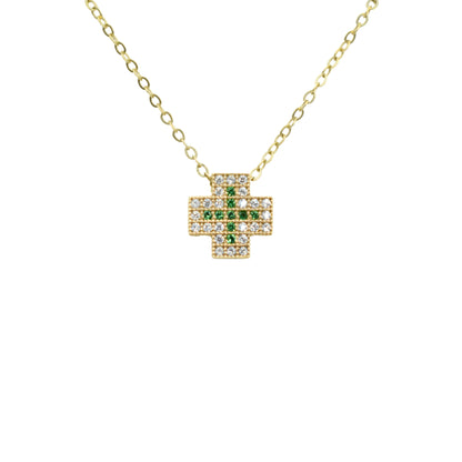 Χρυσό Κολιέ 9Κ με Σταυρό & Πράσινα – Λευκά Ζιργκόν