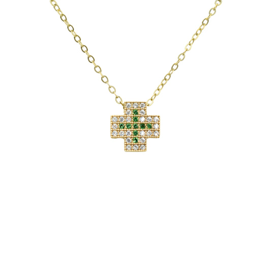 Χρυσό Κολιέ 9Κ με Σταυρό & Πράσινα – Λευκά Ζιργκόν