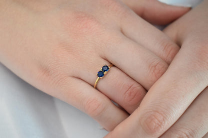 14K Solid Gold Thin Minimalist Ring–Two Round Dark Blue Zircons,Stackable Jewellery Ring,Gold Band,Wedding & Engagement Minimal Ring for Her