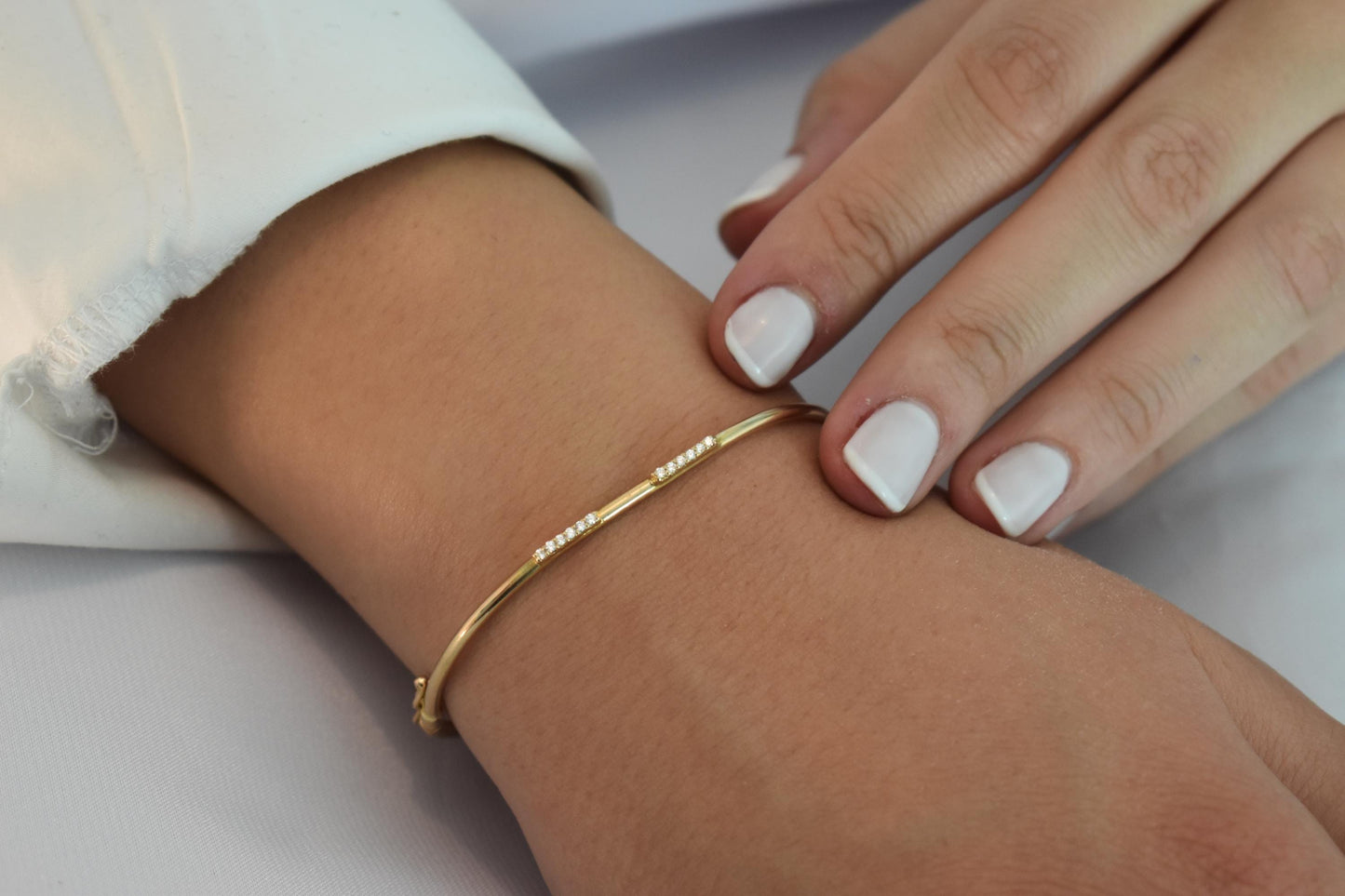 14K Gold Pave Bar Bracelet,Real Solid Gold Everyday Bracelet Women,Wedding & Engagement Dainty Line Bracelet,Stacking Bracelet Gift for Her