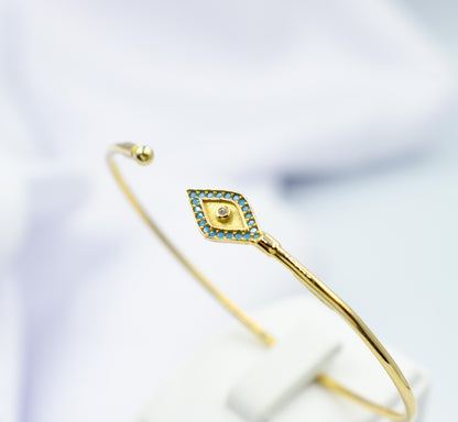 14K Gold Evil Eye Bracelet Turquoise,14K Protective Jewelry,14k Gold Bangle Bracelet,Diamond Dainty Gold Bracelet,Gift for Mom or Her