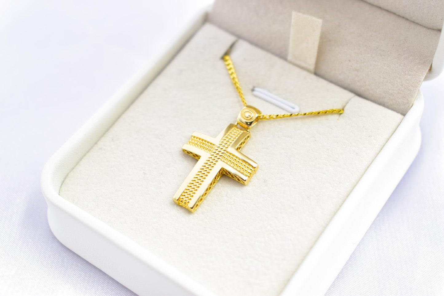 Ανδρικοί Σταυροί 14K Gold Polished Cross Pendant with Textured Center | Elegant Double-Sided Design | Men’s & Women’s Necklace Option , Baptism Gift