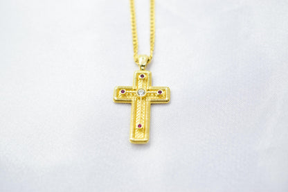 γυναικα 14K Gold Orthodox Cross Pendant with Red & White Zircons | Double-Sided Design,Handmade Religious Jewellery | Baptism Gift Ready, 14K Chain