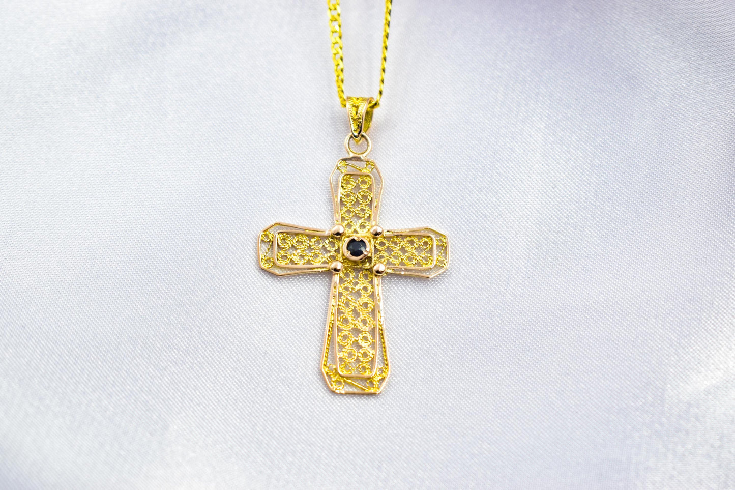 γυναικα Byzantine 14K Gold Cross with Natural Sapphire | Handmade Filigree Orthodox Pendant | Baptism Gift | Unisex Necklace with Optional 14K Chain