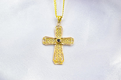 γυναικα Byzantine 14K Gold Cross with Natural Sapphire | Handmade Filigree Orthodox Pendant | Baptism Gift | Unisex Necklace with Optional 14K Chain