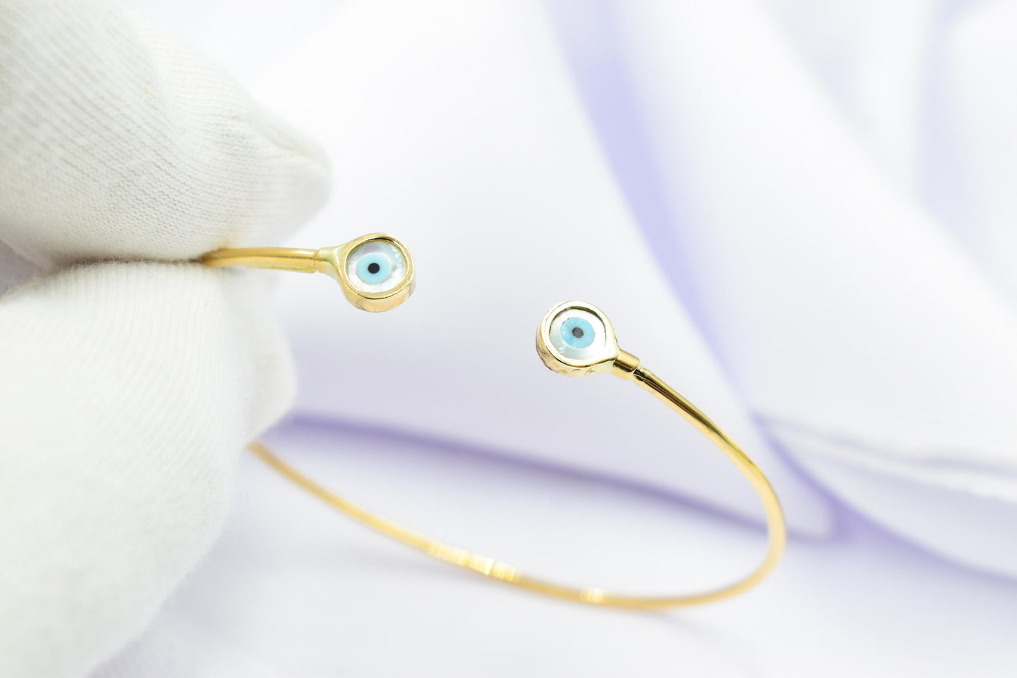 14K Gold Evil Eye Bracelet,Bangle Mother of Pearl Evil Eye,Lucky Bracelet,Blue Eye Bangle,Protective Gift for Everyday Use,Gold Eye Bracelet