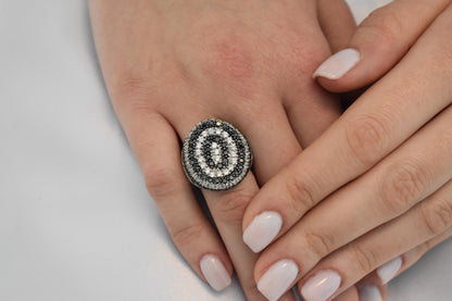 14K Solid White Gold Ring,White and Black Zircon,Wedding & Engagement Ring,Statement Ring,Ring for Mom and Her