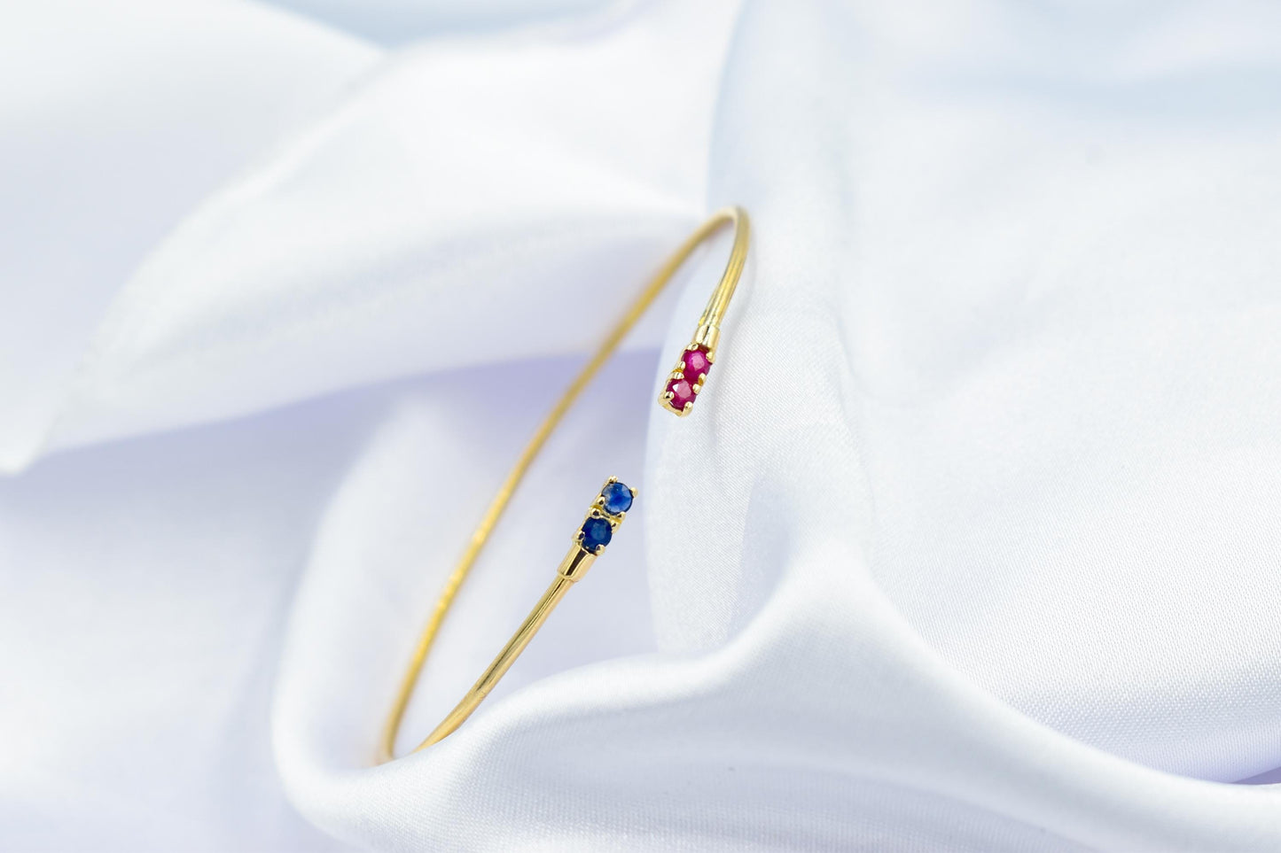 14K Gold Birthstone Cuff Bangle Bracelet,Natural Ruby and Sapphire Bracelet,Exclusive Minimalist Bracelet,Wedding & Engagement Gift for Her