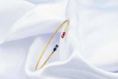 14K Gold Birthstone Cuff Bangle Bracelet,Natural Ruby and Sapphire Bracelet,Exclusive Minimalist Bracelet,Wedding & Engagement Gift for Her