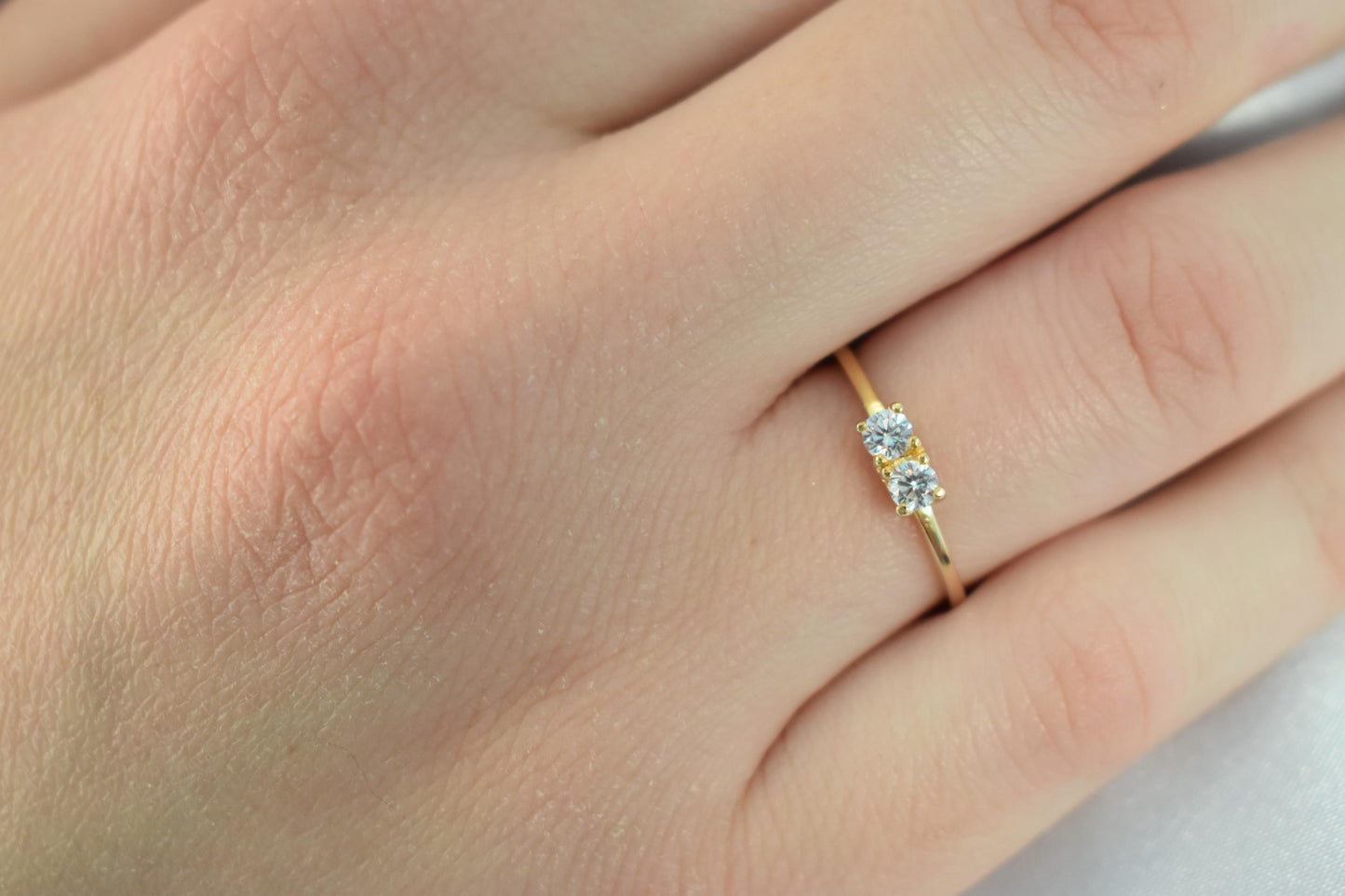 14K Solid Gold Thin Minimalist Ring–Two Round White Zircons,Stackable Jewellery Ring,Gold Band,Wedding & Engagement Stacking Ring for Her