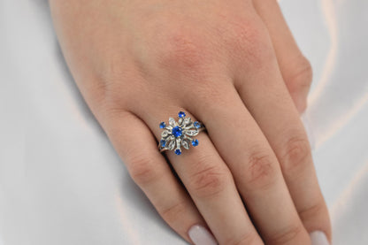 14K Solid Gold Ring Blue and White Zircon,Vintage Retro Ring,Engagement & Wedding Gold Ring,Statement Ring,Stackable Gold Ring,Gift for Her