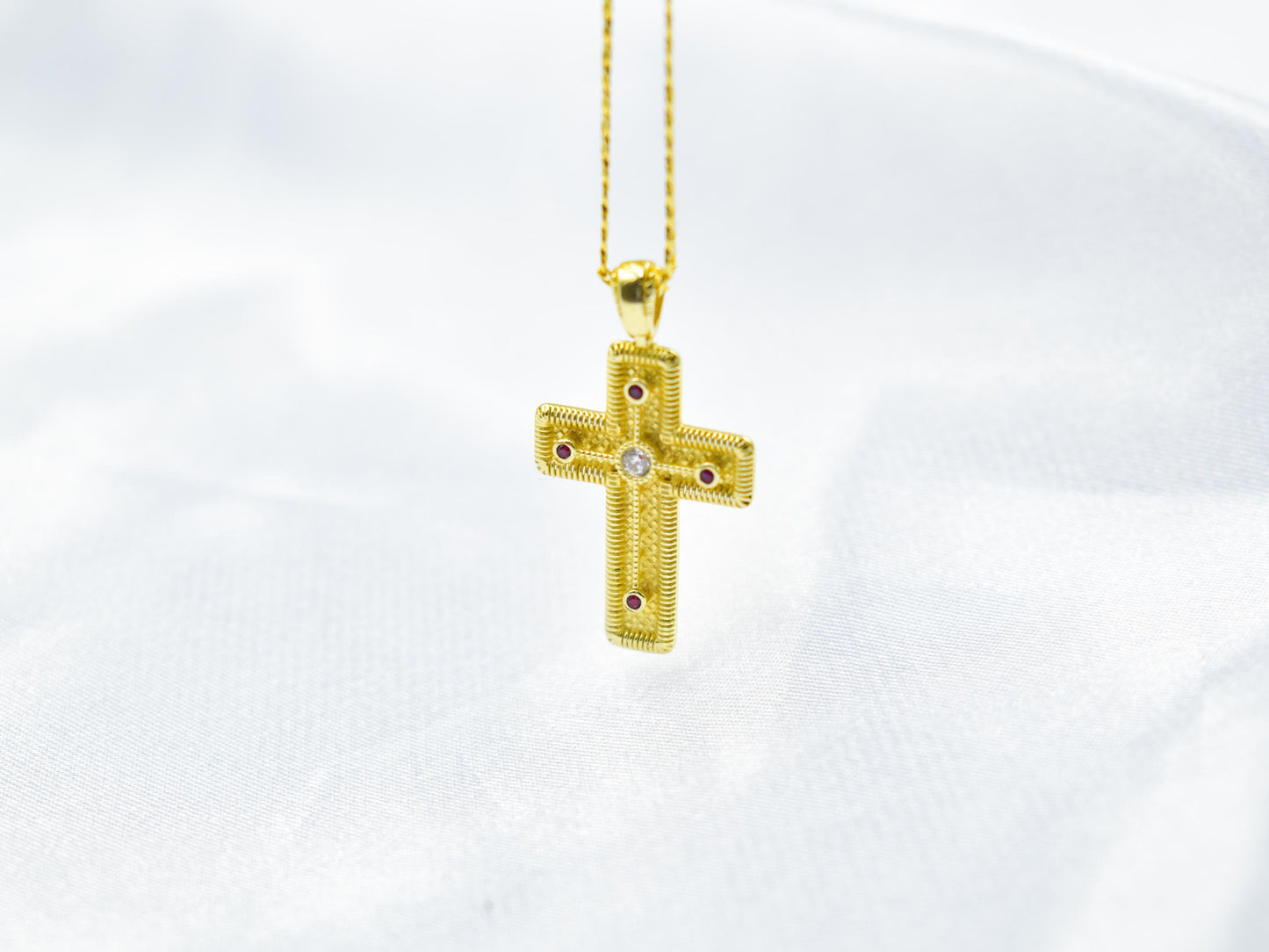 γυναικα 14K Gold Orthodox Cross Pendant with Red & White Zircons | Double-Sided Design,Handmade Religious Jewellery | Baptism Gift Ready, 14K Chain