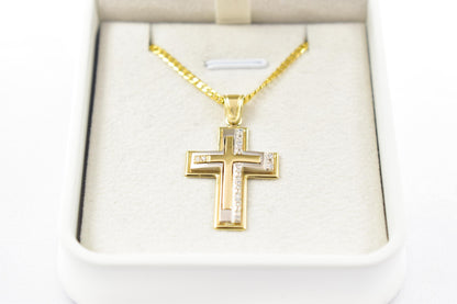 γυναικα 14K Solid Gold Cross Pendant with White Gold Detail and Cubic Zirconia – Elegant Religious Necklace for Men & Women