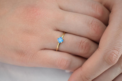 14K Solid Gold Thin Minimalist Ring–Square Light Blue Zircon,Stackable Jewellery Ring,Gold Band,Wedding & Engagement Minimal Ring for Her