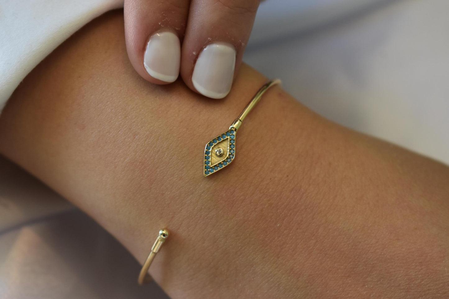 14K Gold Evil Eye Bracelet Turquoise,14K Protective Jewelry,14k Gold Bangle Bracelet,Diamond Dainty Gold Bracelet,Gift for Mom or Her