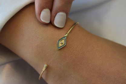 14K Gold Evil Eye Bracelet Turquoise,14K Protective Jewelry,14k Gold Bangle Bracelet,Diamond Dainty Gold Bracelet,Gift for Mom or Her