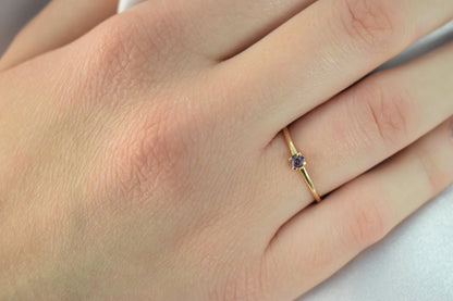 14K Solid Gold Thin Minimalist Ring–Round Small Purple Zircon,Stackable Jewellery Ring,Gold Band,Wedding & Engagement Ring for Her