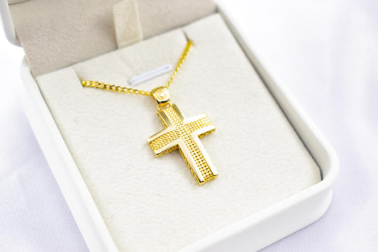 Ανδρικοί Σταυροί 14K Gold Polished Cross Pendant with Textured Center | Elegant Double-Sided Design | Men’s & Women’s Necklace Option , Baptism Gift