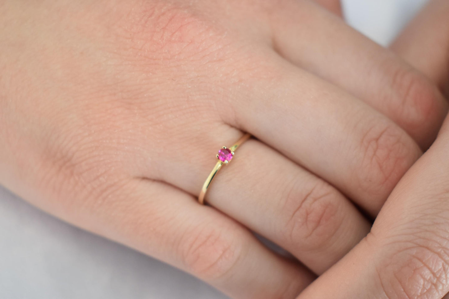 14K Solid Gold Thin Minimalist Ring–Deep Pink Zircon,Stackable Jewellery Gold Ring,14K Wedding & Engagement Stacking Ring,Gift for Her